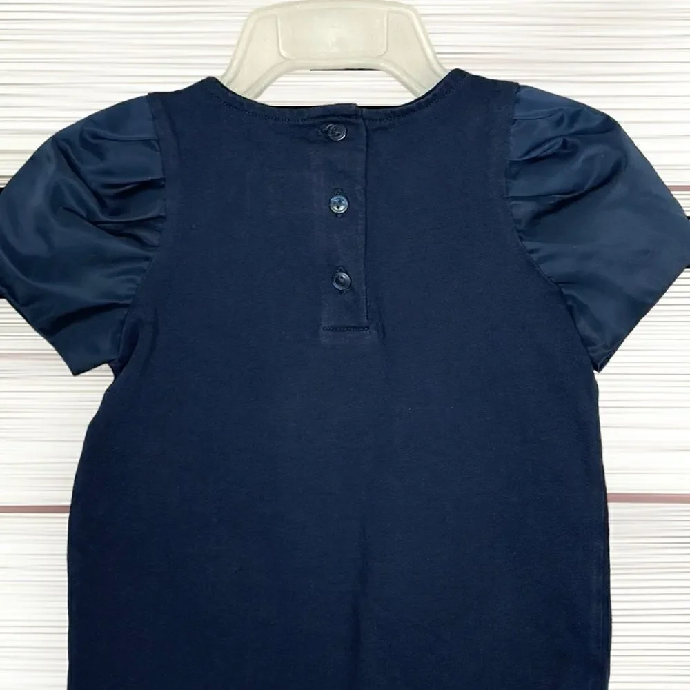 Janie & Jack Girls Top Shirt Size 3 Navy Blue Satin Sheen Rosettes And Sleeves